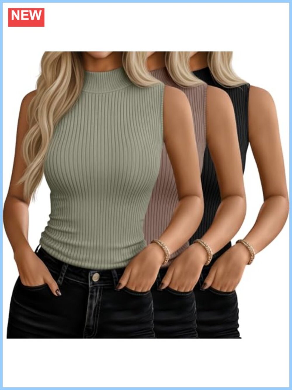 3 Pack Women's Sleeveless Mock Turtleneck Tank Tops Fitted Stretch Rayon Spandex